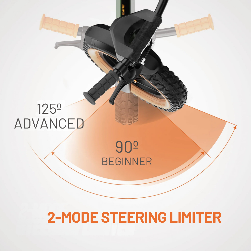 Illustration of a chainsaw with a 2-mode steering limiter labeled '125° Advanced' and '90° Beginner'.