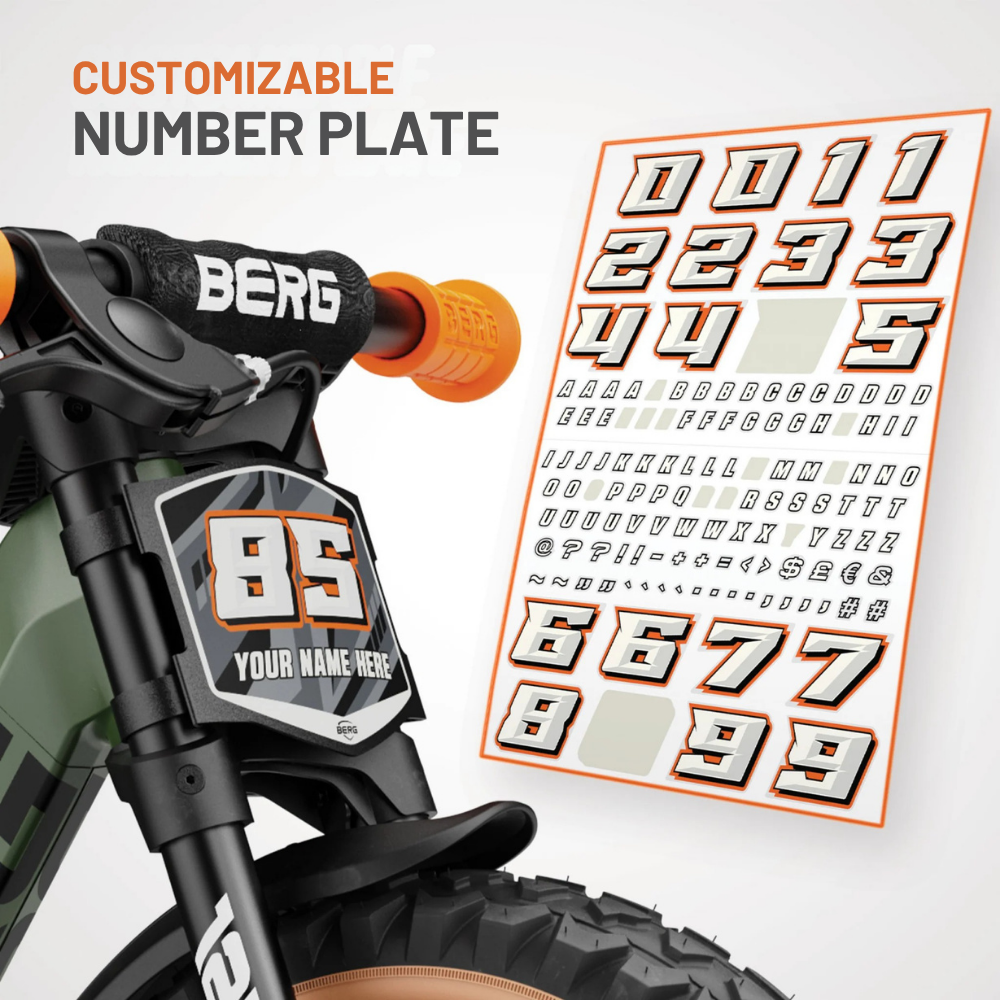 Child's bike with customizable number plate feature and number chart on a white background