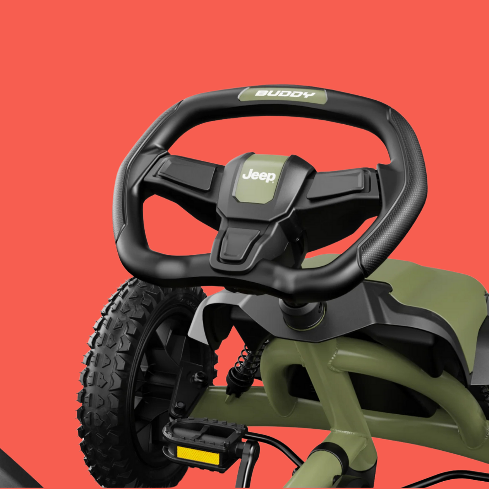 Toy car with a steering wheel on a red background