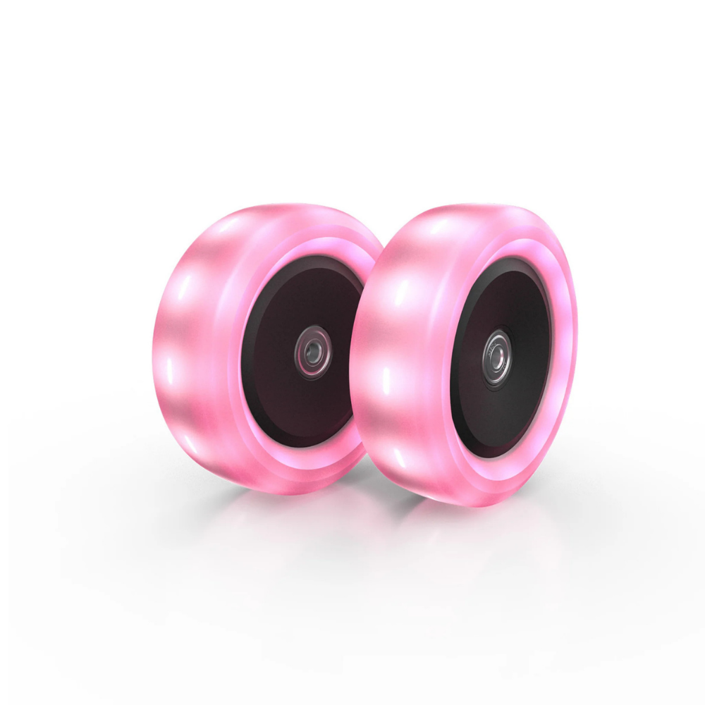 Pink scooter wheels with black centers on a white background