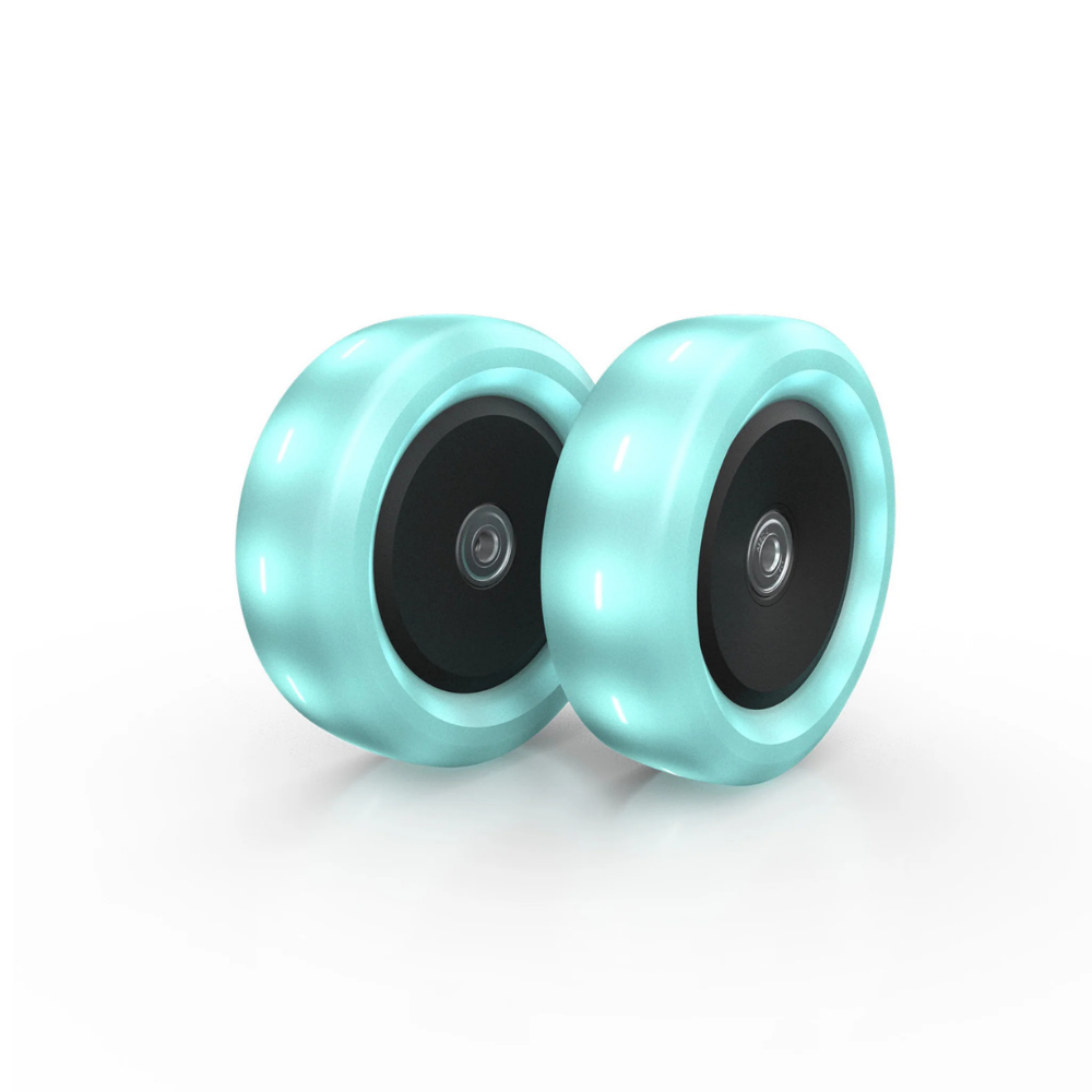 Two turquoise wheels with black centers on a white background