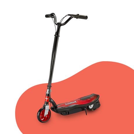 Side-Angle View on Red Background: A side view of the scooter, emphasizing its slim frame, ergonomic handlebar, and sturdy deck, displayed on a red and white background.