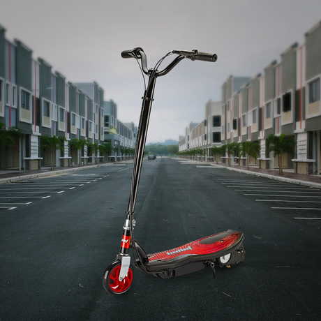 Urban Lifestyle Shot: The scooter is positioned on an empty street surrounded by modern architecture, highlighting its suitability for urban use and stylish appearance.
