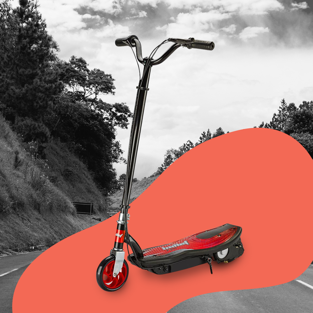 Black and White Outdoor Setting: A black-and-white image of the scooter in a natural outdoor environment, showcasing its sleek design and adaptability to different terrains.