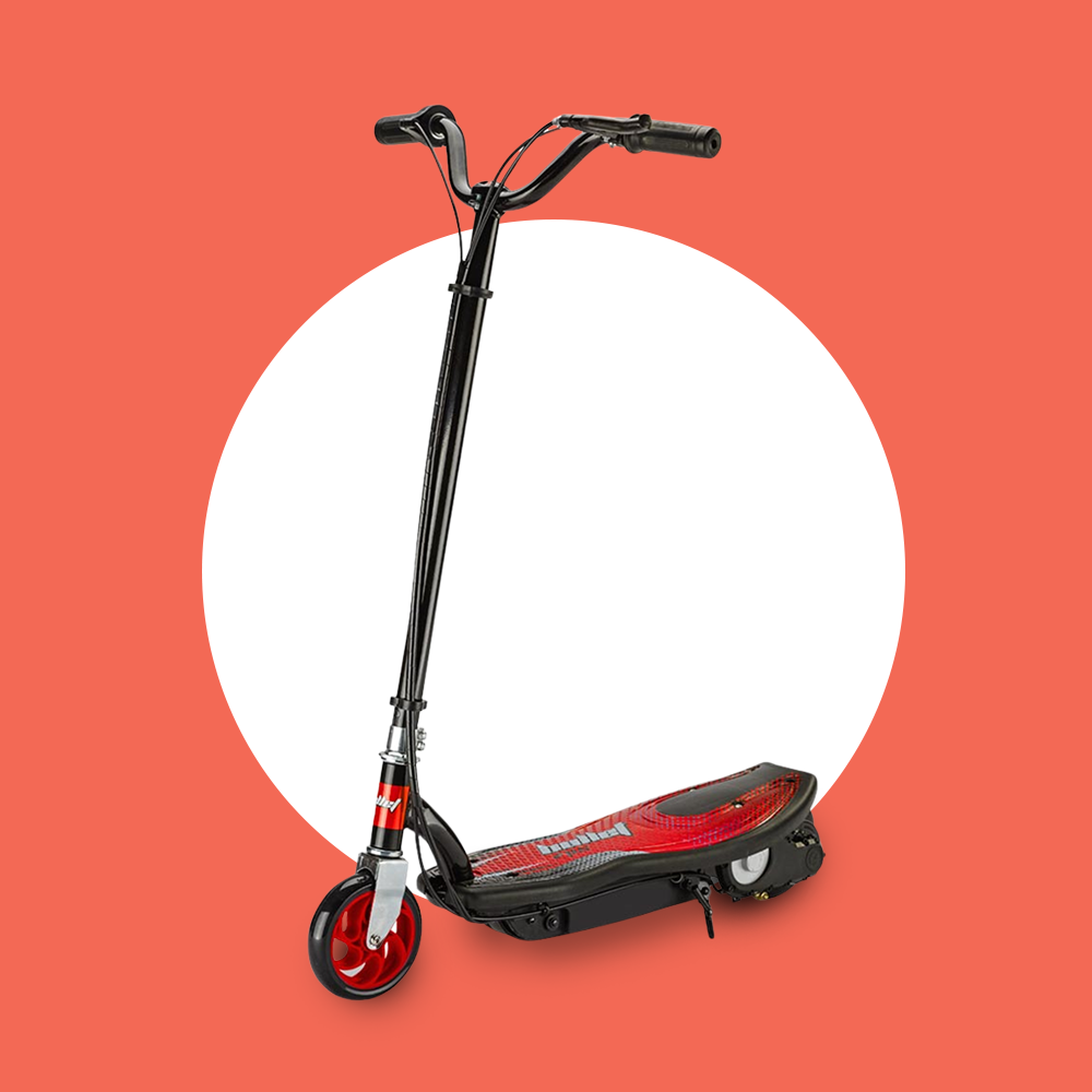Main Product Image: A sleek red and black electric scooter with a modern design, featuring a tall handlebar, red front wheel, and black deck, displayed on a red and white circular background to emphasize its bold style.