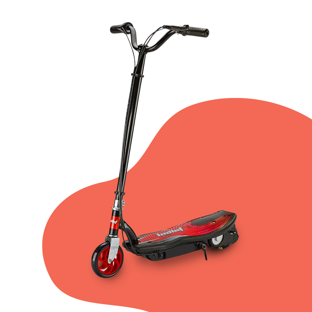 Folded View on Red Background: The scooter is shown in its folded position, demonstrating its portability and compact design, set against a red and white background.