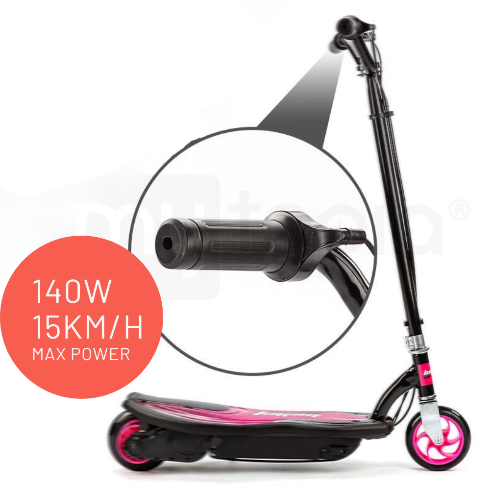 Black scooter with pink accents and a close-up of the wheel on a white background