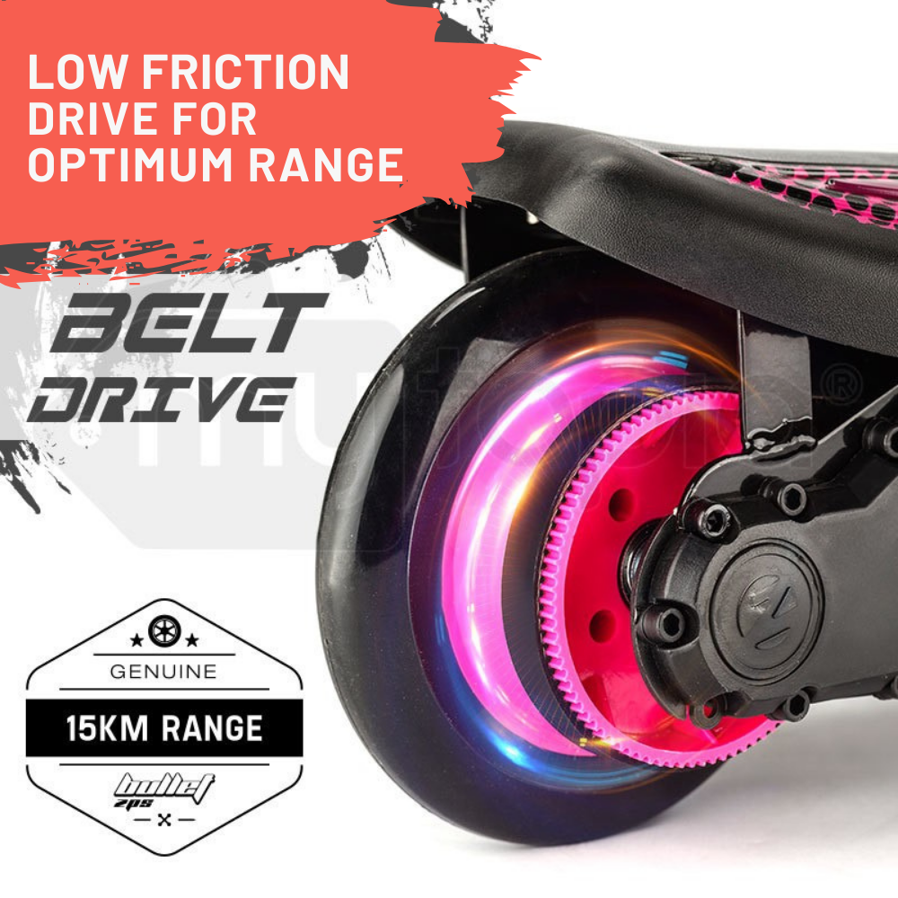 Close-up of a scooter's belt drive system with text highlighting low friction and range.