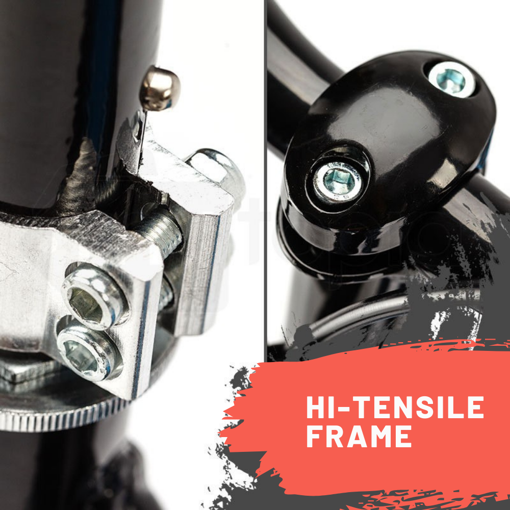Close-up of a high-tensile frame with metallic and black components, featuring 'HI-TENSILE FRAME' text.
