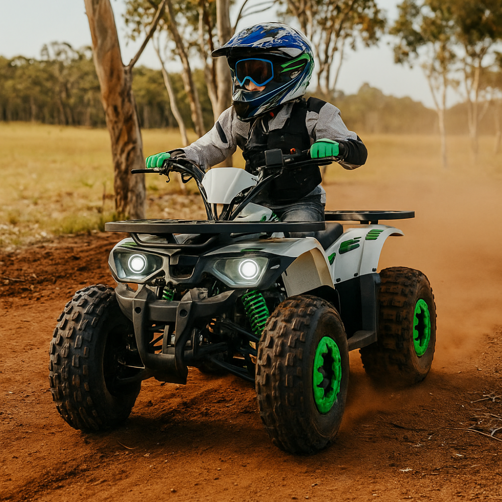 Action shot of a child riding the GMX 125cc quad bike at speed on a dirt path in a rural setting. The child is geared up with helmet and gloves, kicking up dust behind the tyres.