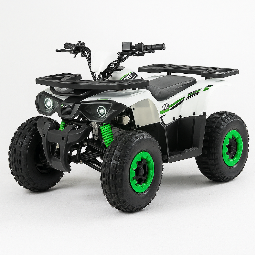 Front angled studio shot of the GMX 125cc Hunter Farm Kids Quad Bike in white with green accents and green wheel hubs, set against a plain white background.