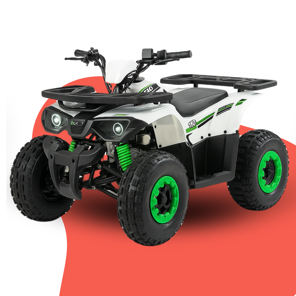 Same quad bike product shown on a curved red-and-white graphic background, ideal for promotional use or advertising banners.