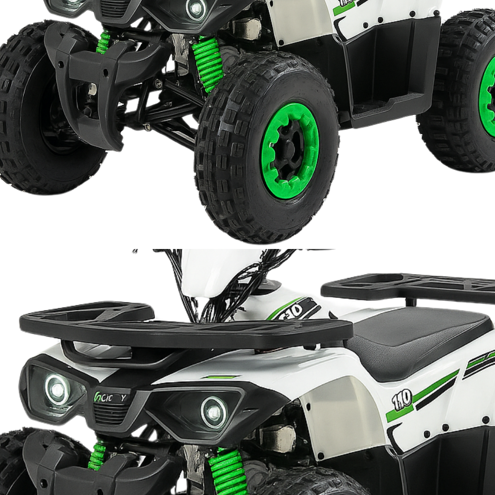 Split close-up views of the quad bike showing front suspension, tyres, headlight detail, and branding on the fuel tank and side panels.