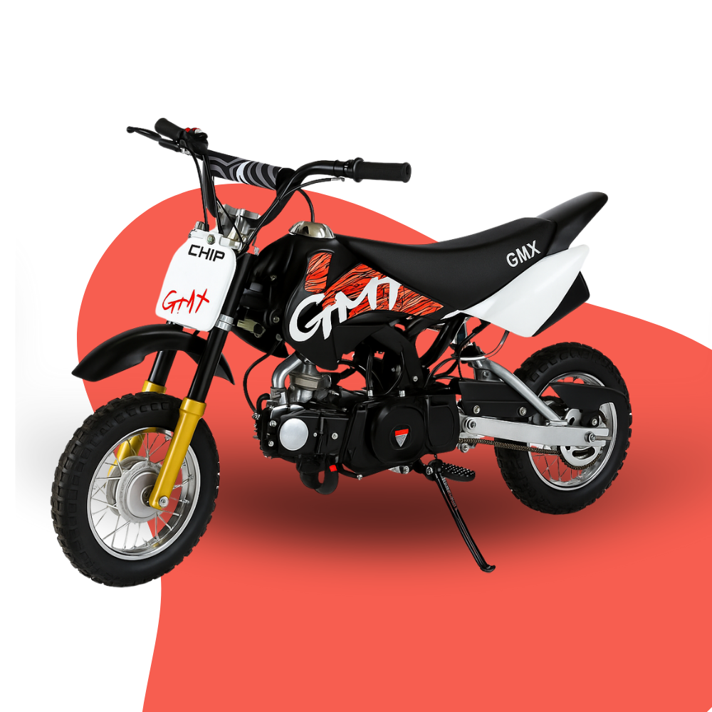 Studio image of a GMX black and white kids’ dirt bike with red graphics, displayed on a red and white background.