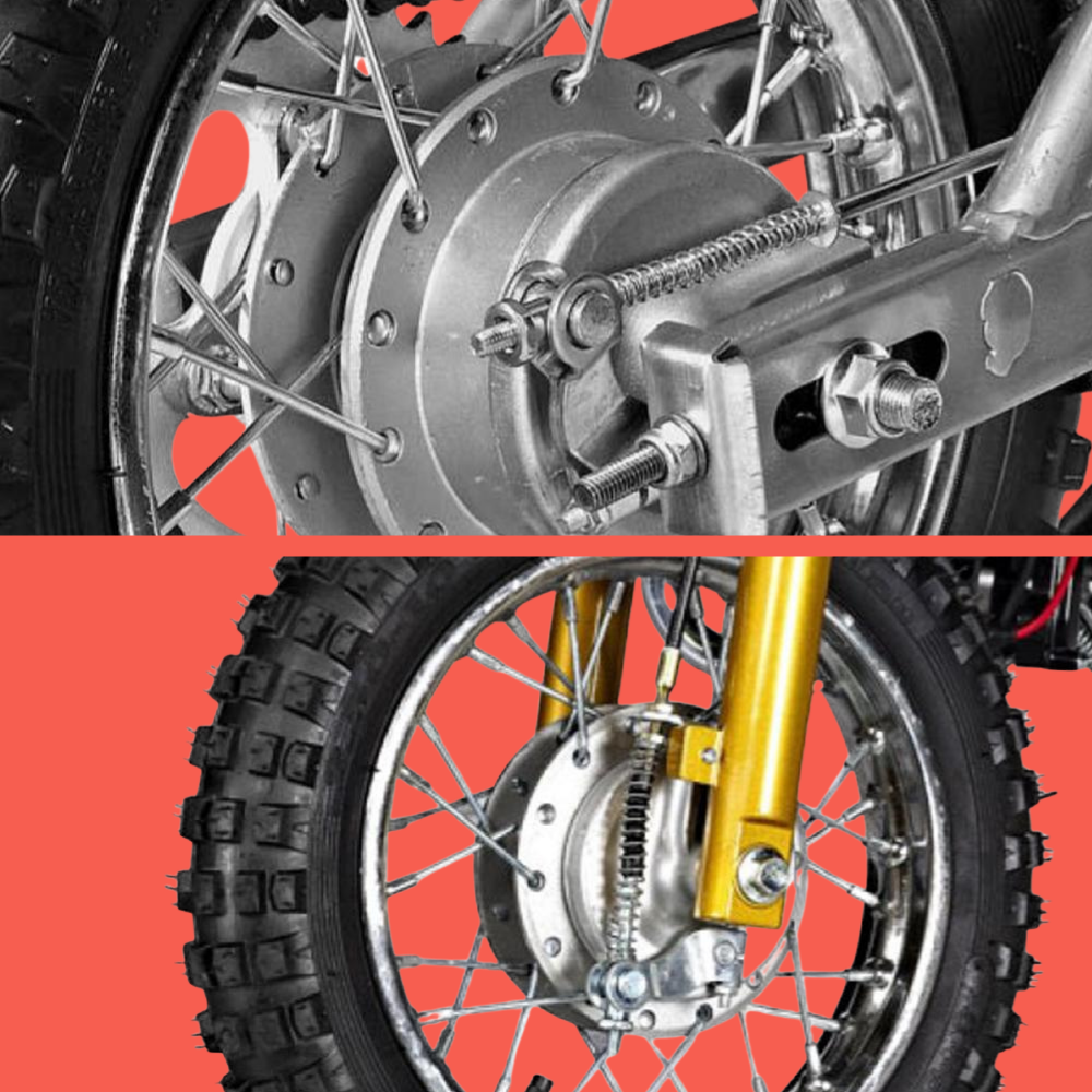 Close-up of the rear wheel, disc brake system, and suspension coil.