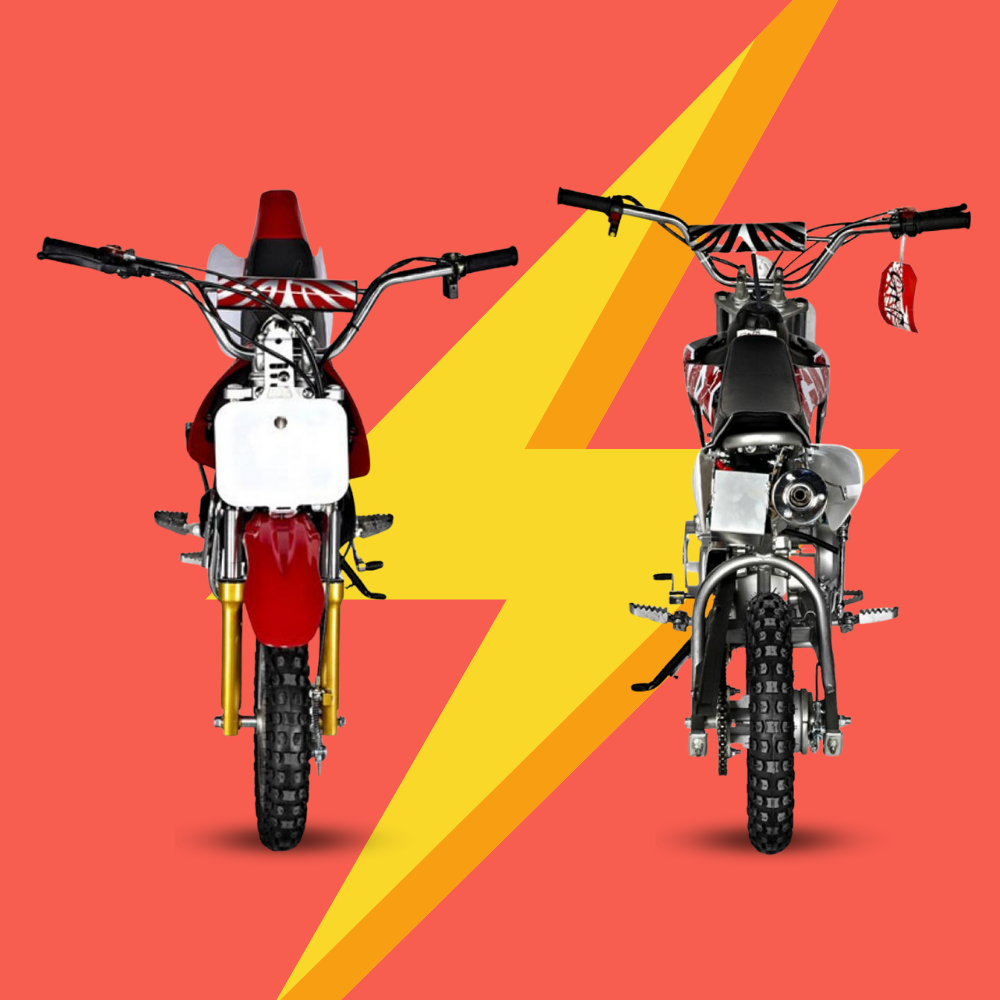 Front and rear view comparison of the GMX dirt bike set against a bold red and yellow lightning background.