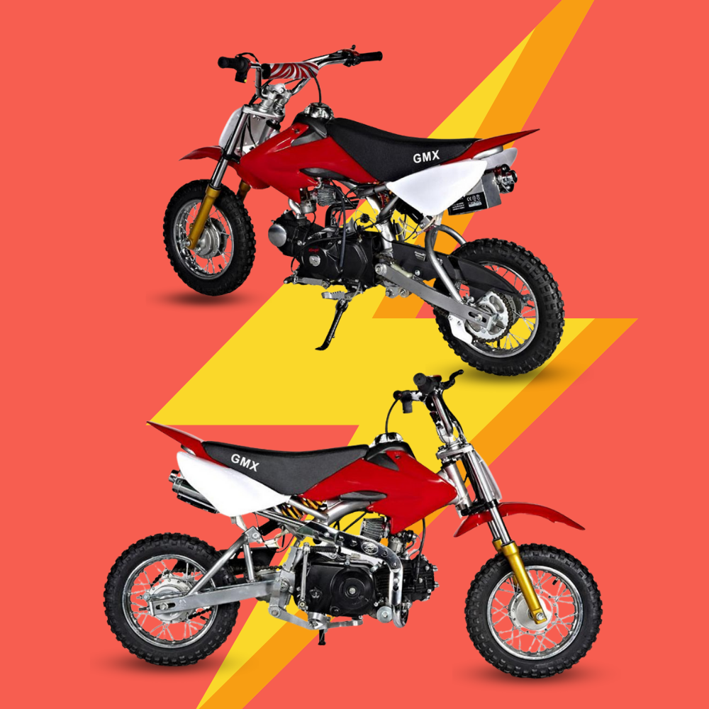 Two-angle layout of the GMX dirt bike on red with yellow lightning bolt background, showing left and right side views.