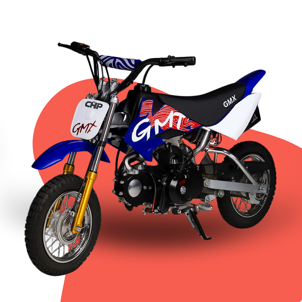 Studio image of a blue, red, and white GMX kids’ dirt bike on a red-and-white curved background.