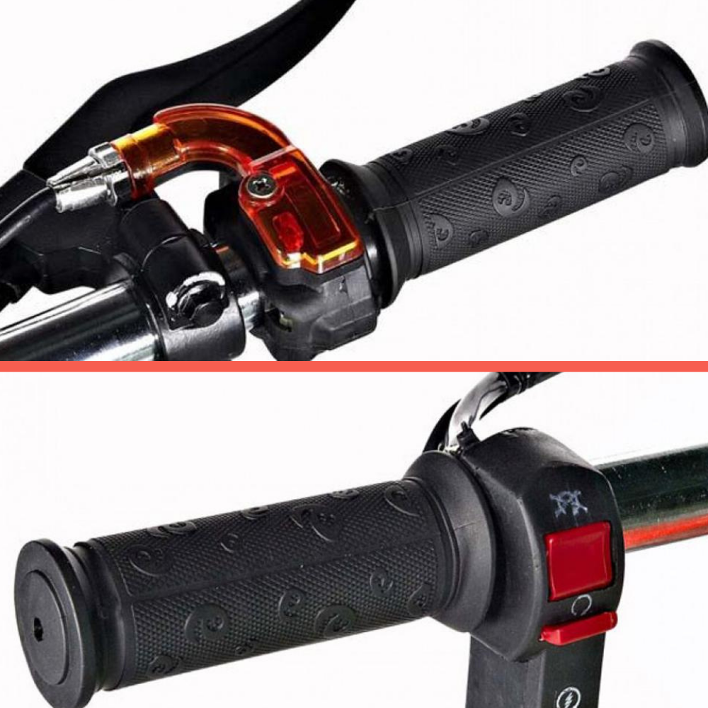 Close-up of throttle grip and brake lever mechanism.