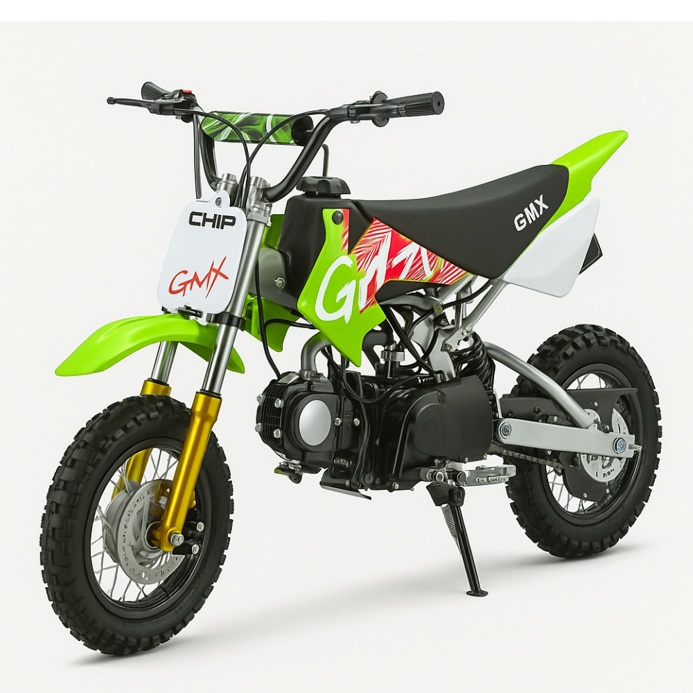 Rear three-quarter studio view of the GMX green kids’ dirt bike on a clean white background.