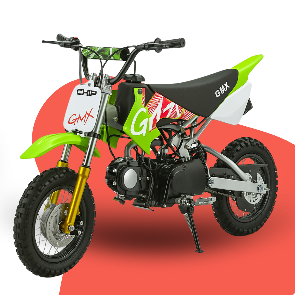 Studio image of a green and white GMX kids’ dirt bike with black seat and red accents, placed on a curved red-and-white background.