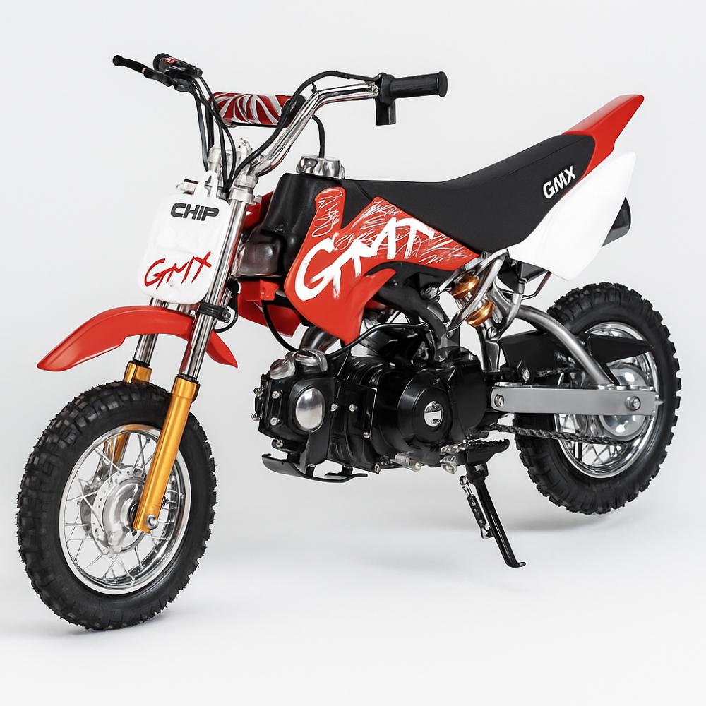 Rear three-quarter studio view of the GMX kids’ dirt bike in red, shown on a clean white background.
