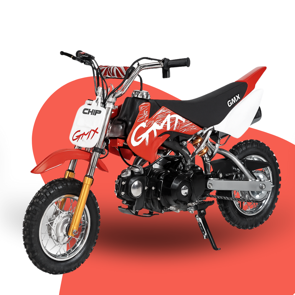 Studio image of a red and white GMX kids’ dirt bike with black seat and bold GMX branding, shown on a red-and-white wave background.