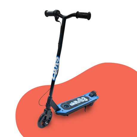 Side-Angle View: A side view of the scooter, showcasing its compact structure, ergonomic handlebars, and blue deck on a red background for emphasis.