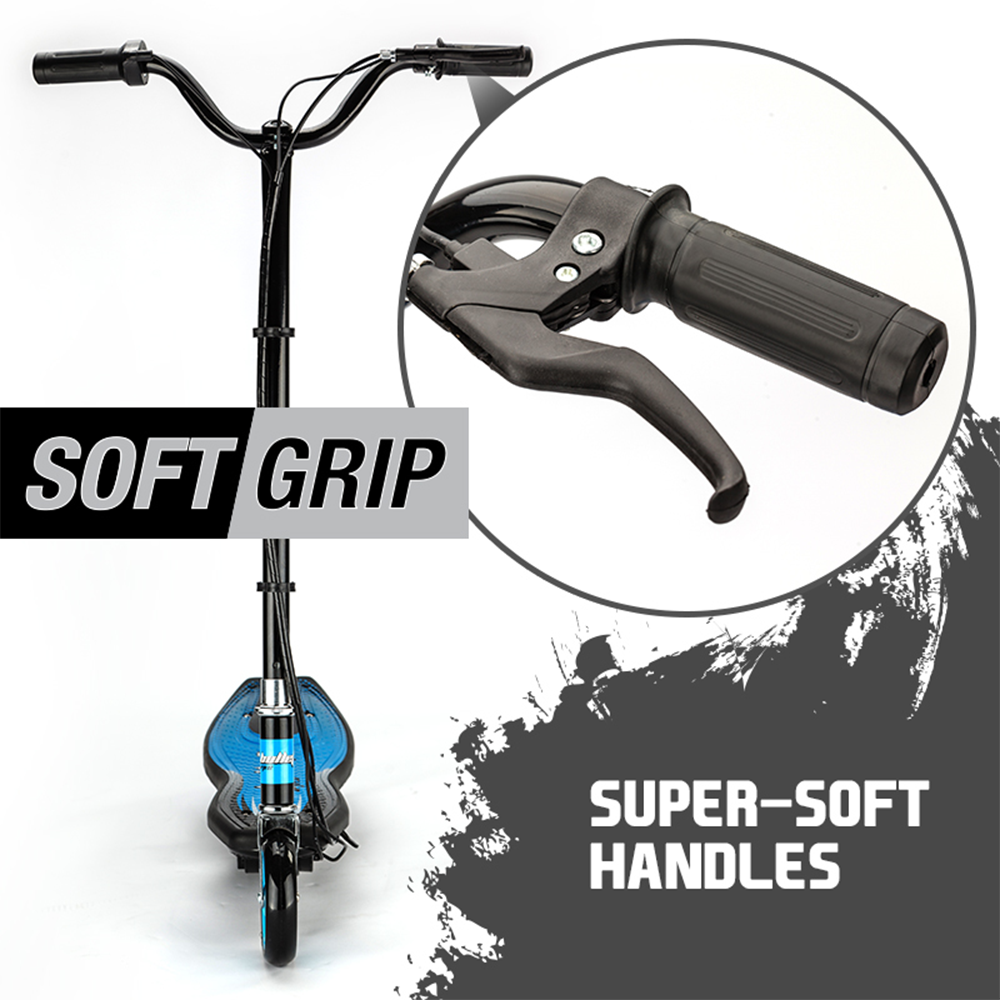 A close-up of the scooter's handlebars with a "Soft Grip" label, emphasizing the comfort of the super-soft handle grips.