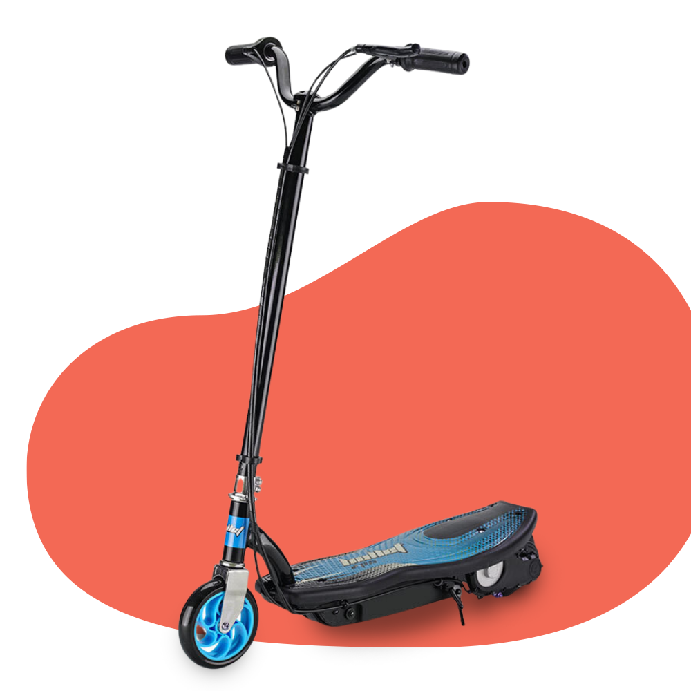 A side profile of the scooter, highlighting its compact and modern design with blue wheels, displayed on a red background.