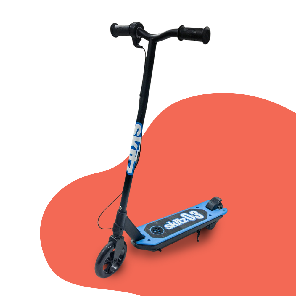 Main Product Image: A blue and black electric scooter with a sleek and modern design, featuring black handlebars and a slim deck, displayed on a red and white background to highlight its vibrant style.