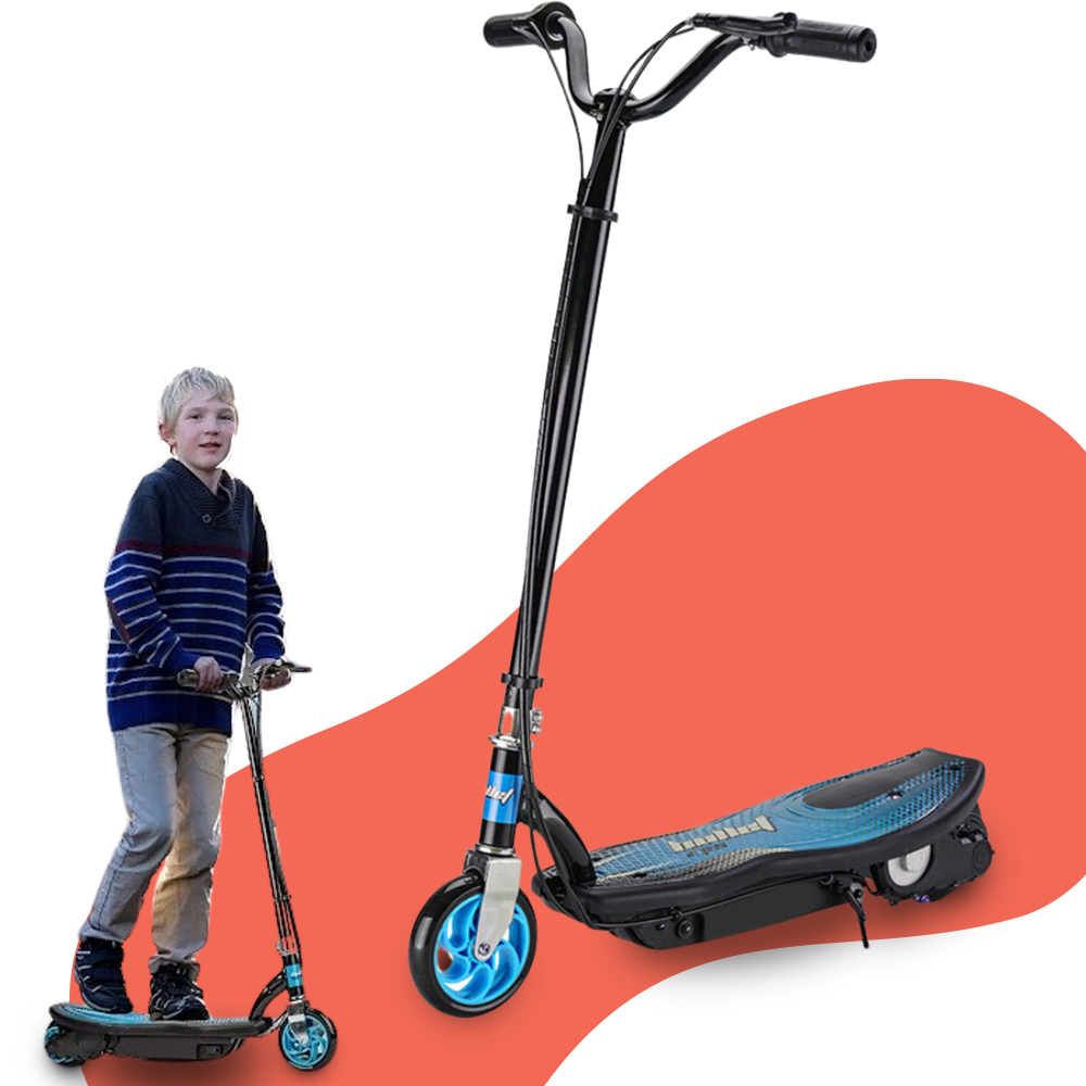 A full view of the black and blue electric scooter, showing its sleek design and ergonomic structure, placed on a red and white background.