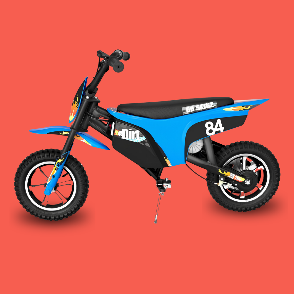 A small electric dirt bike with a blue and black body, black seat, and yellow and white decals, shown on a solid red-orange background.