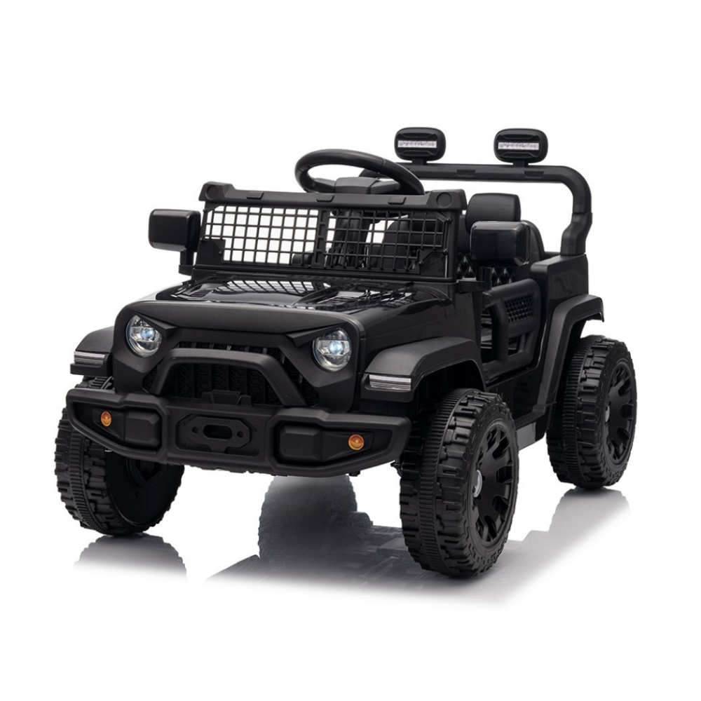 Black toy SUV with a basket on a white background