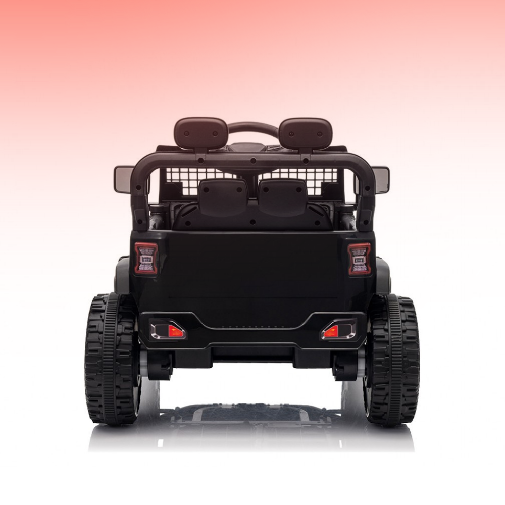 Black toy car with red lights on a gradient pink and white background