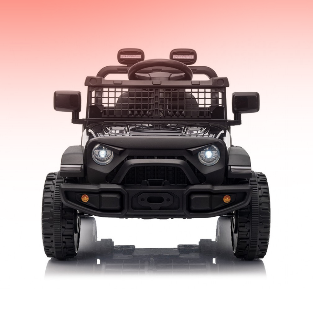 Black off-road vehicle on a gradient pink to white background