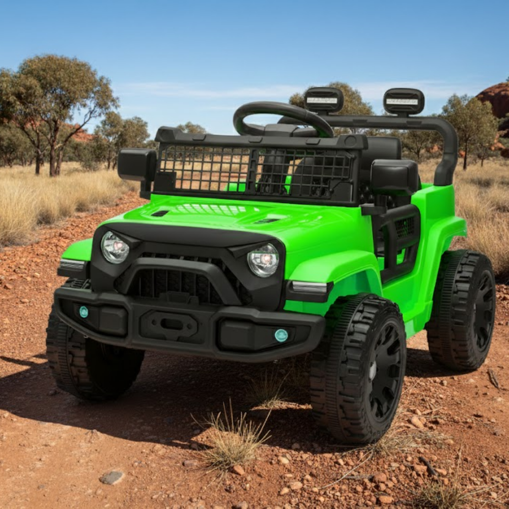 Green toy jeep on a dirt road with trees in the background