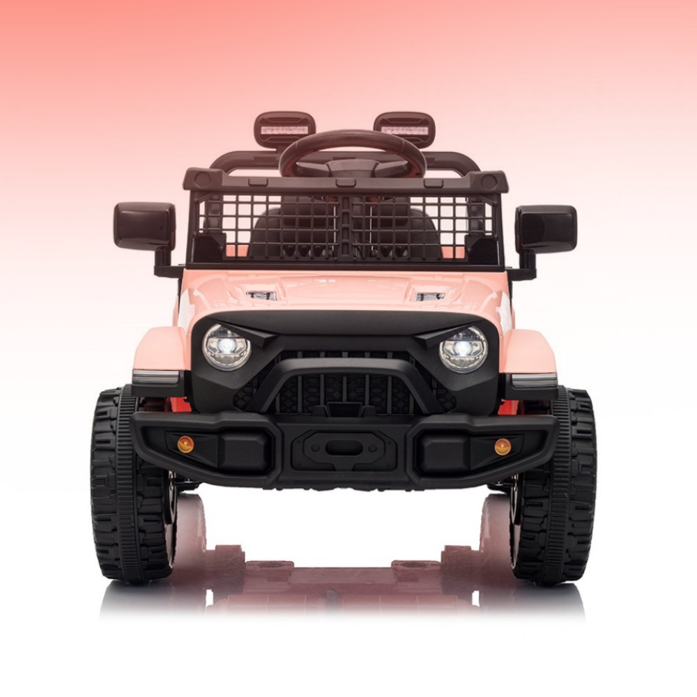 Pink toy jeep with black details on a white background