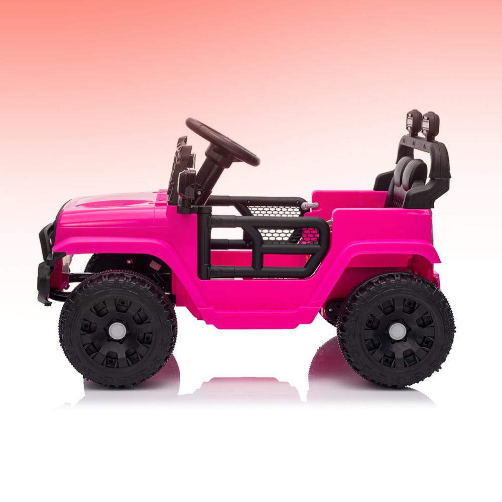 Pink toy jeep with black details on a gradient background