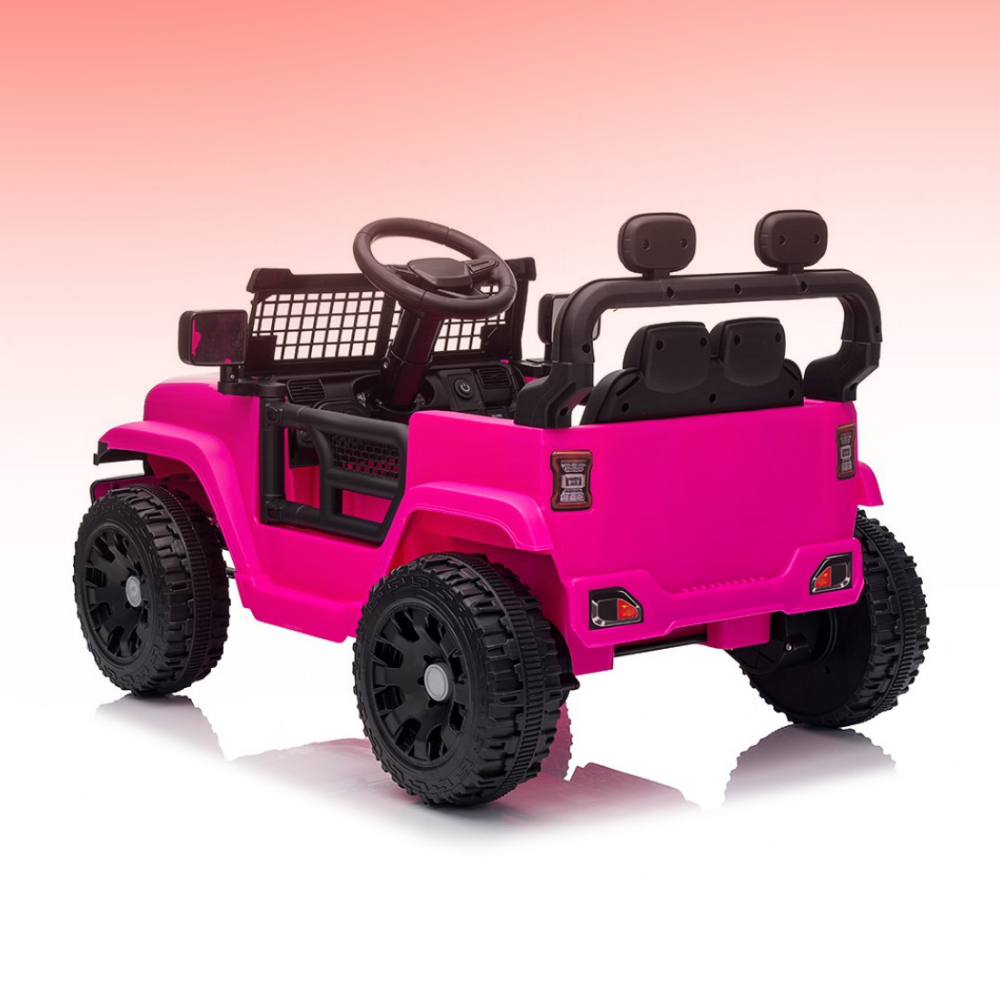 Pink toy jeep with black accents on a gradient background