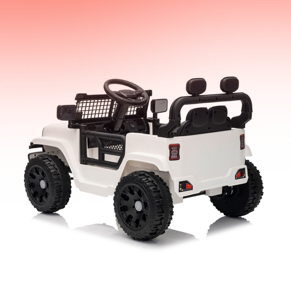 White toy jeep with black accents on a gradient pink to white background