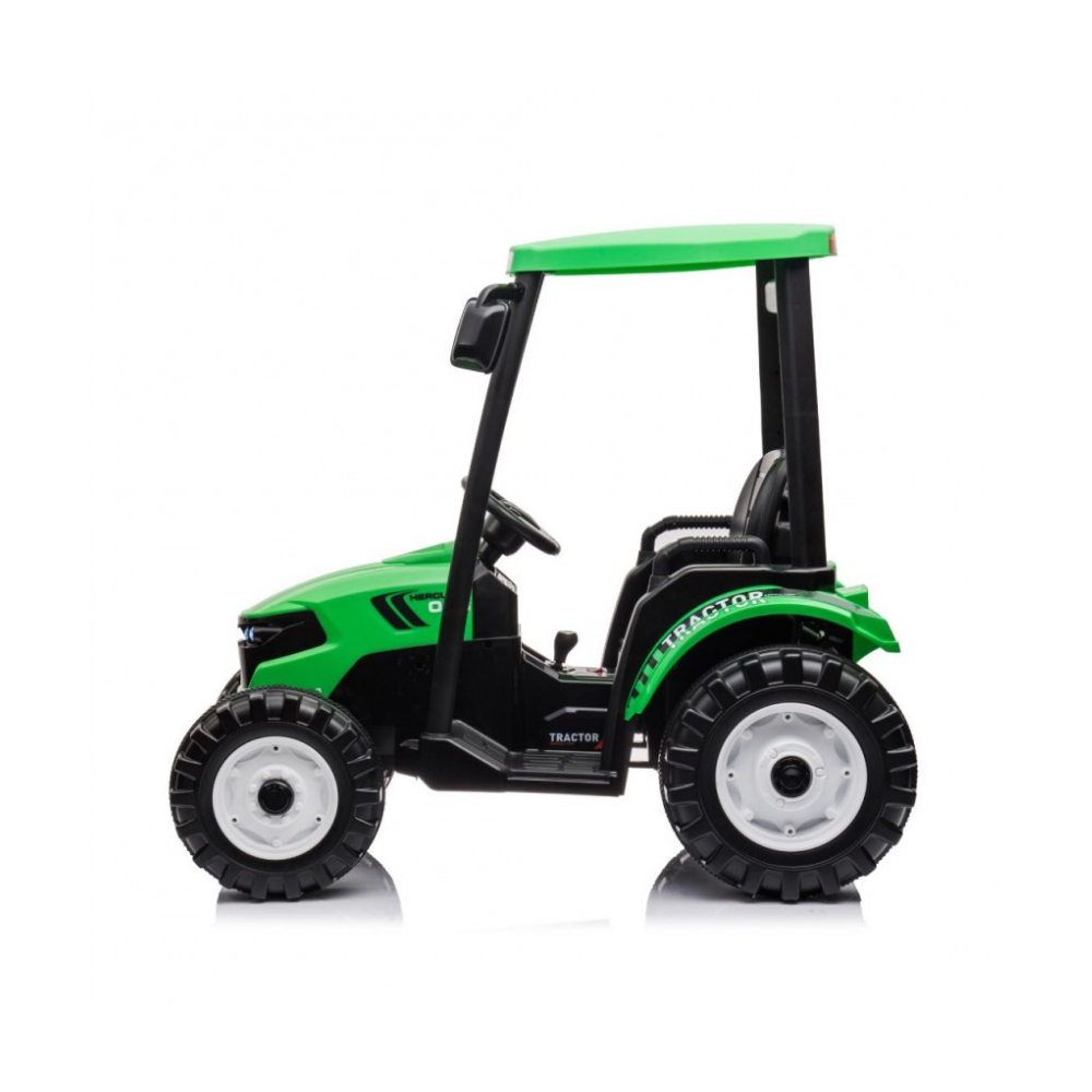A green and black ride-on toy tractor with a small driver seat and open canopy, shown from the side on a white background.