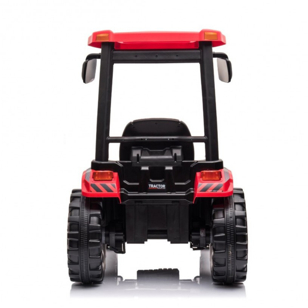 A black and red Tractor ride-on toy tractor viewed from the rear, featuring large black tires, a black seat, and red roof and taillight details, set against a plain white background.