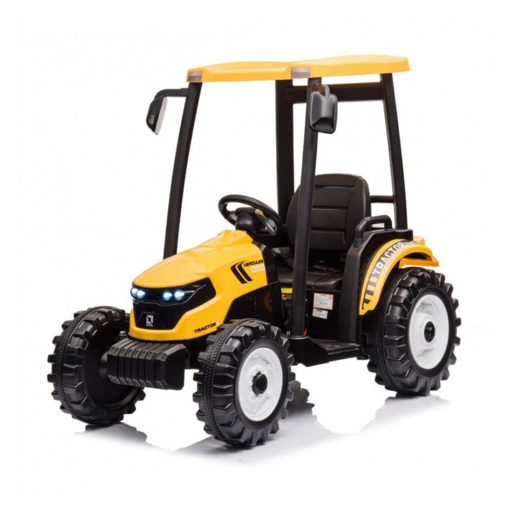 A yellow and black ride-on toy tractor with a canopy roof, black seat, steering wheel, and large black wheels with white rims, shown on a white background.