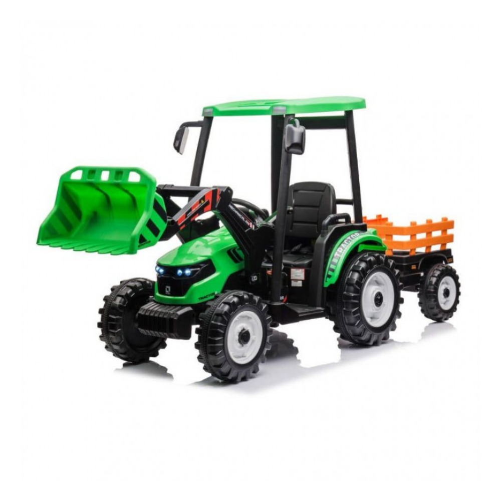Toy tractor with green front loader and orange trailer on a white background