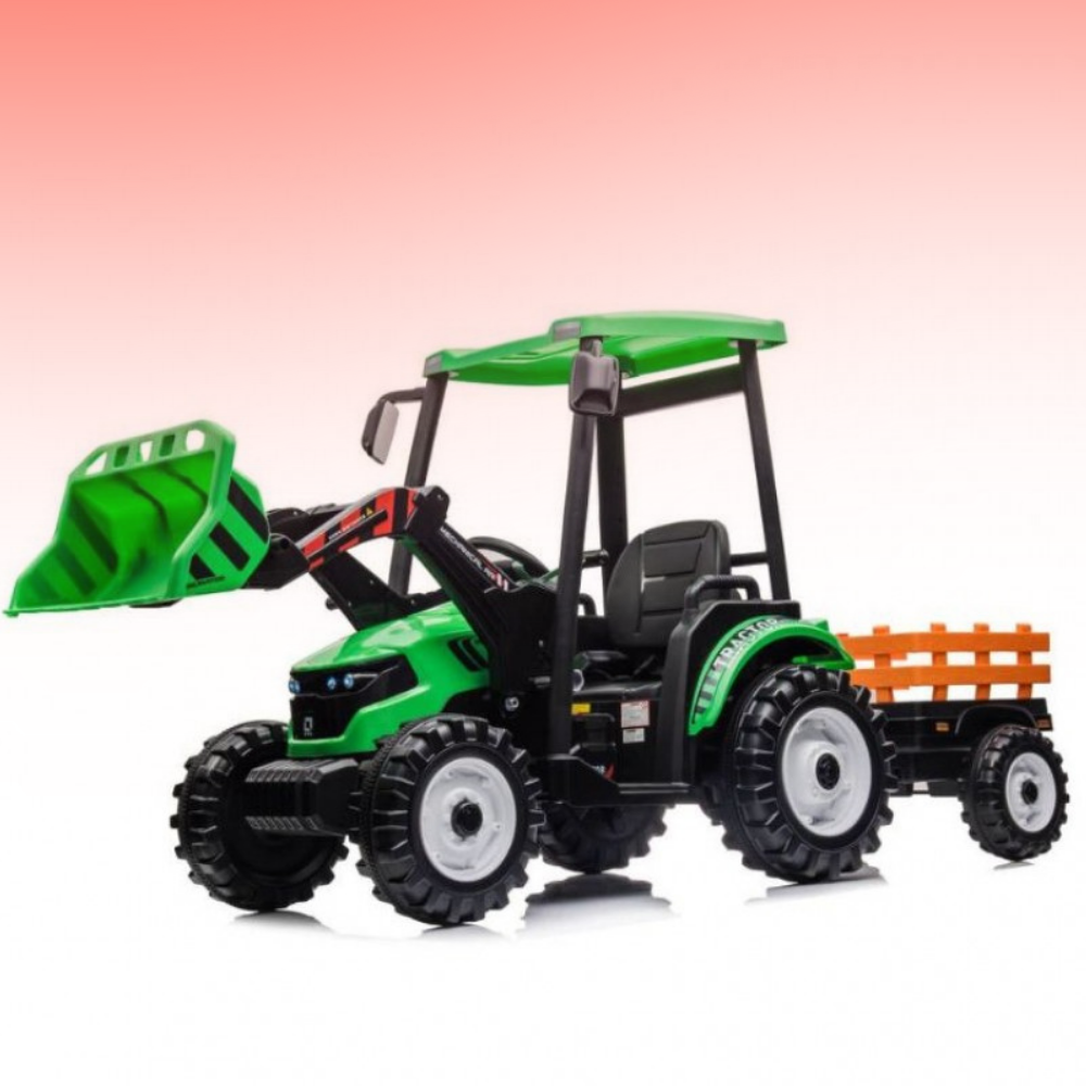 Toy tractor with green front loader and trailer on a gradient background