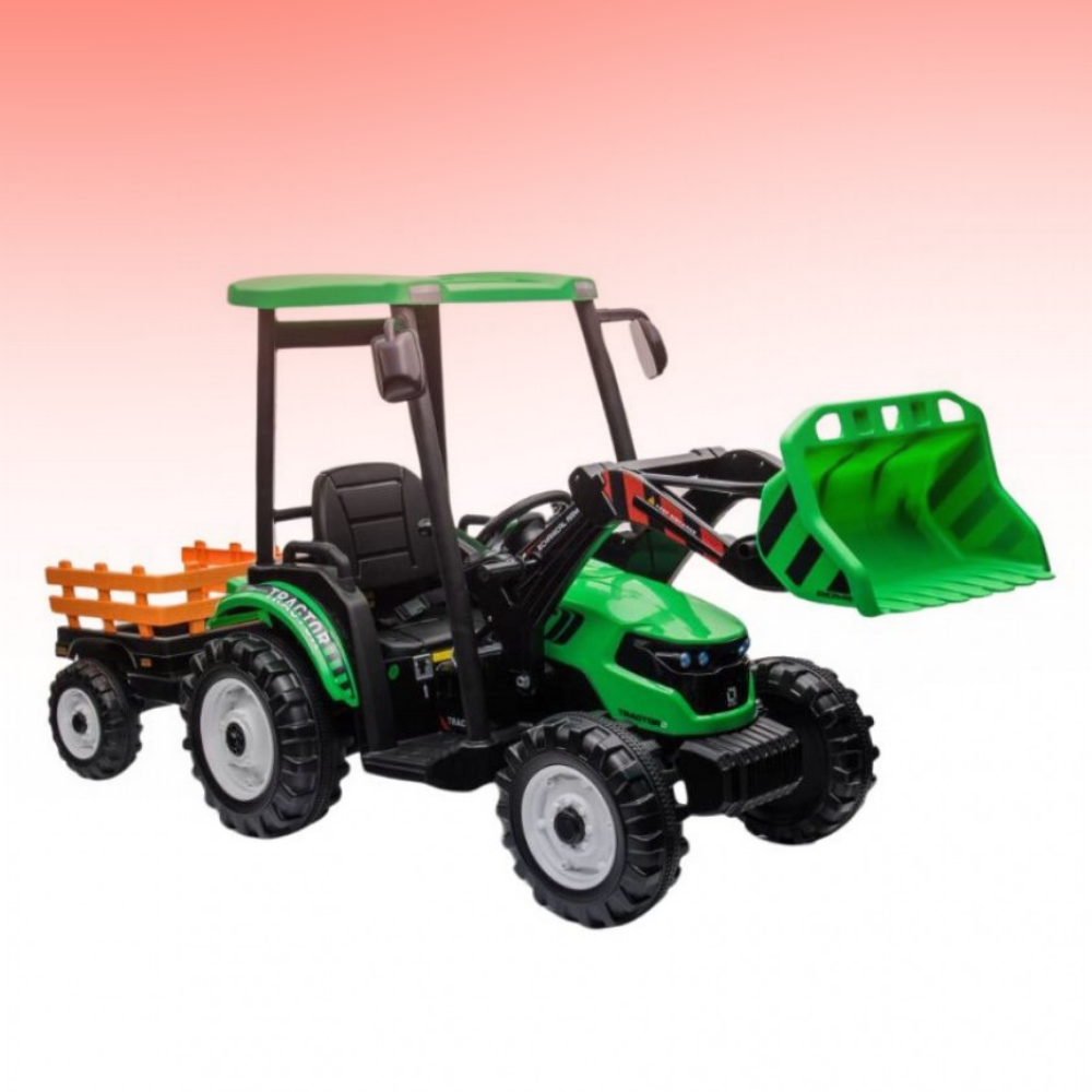 Toy tractor with green bucket and orange trailer on a gradient background