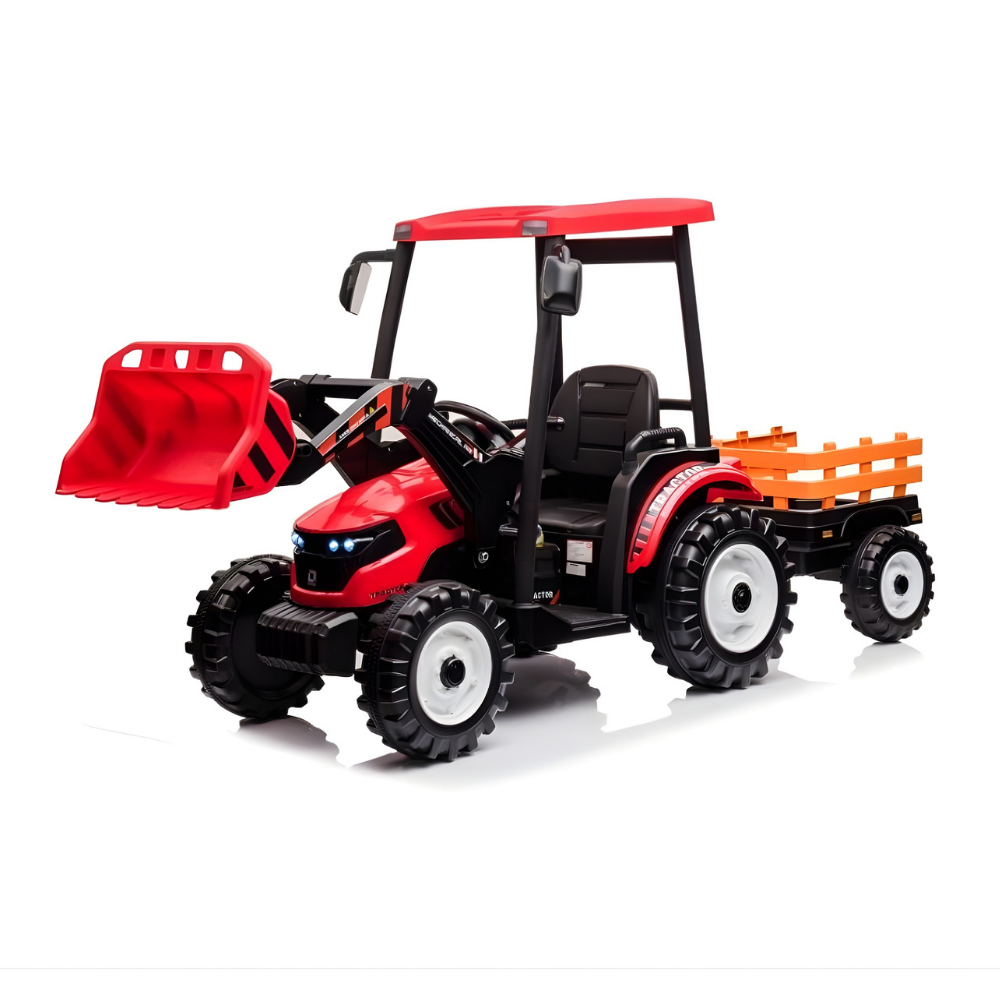 Red toy tractor with a front loader and orange trailer on a white background