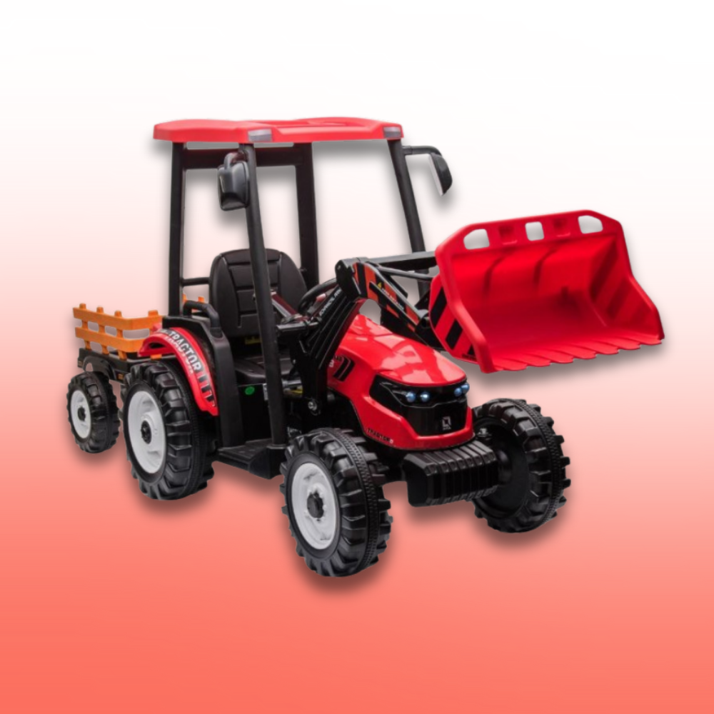 Red toy tractor with a front loader on a gradient background