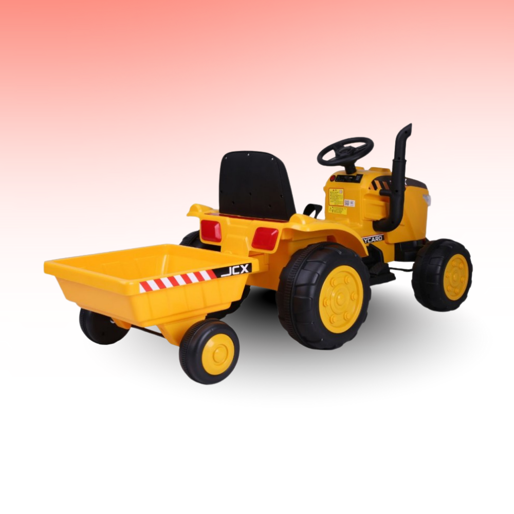 Yellow toy construction vehicle with a trailer on a gradient background
